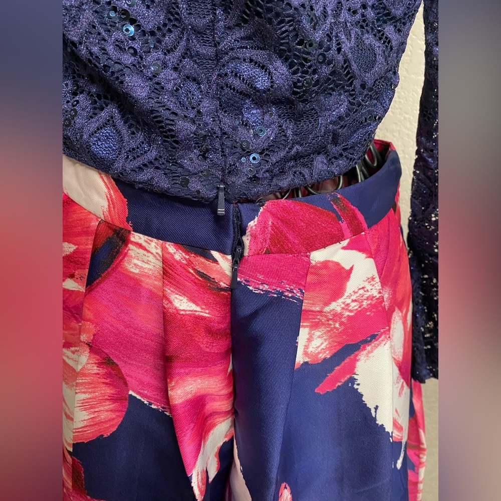 A.Byer Blue Floral Long Sleeve 2 Piece Pleated Prom Dress - Picture 6 of 15